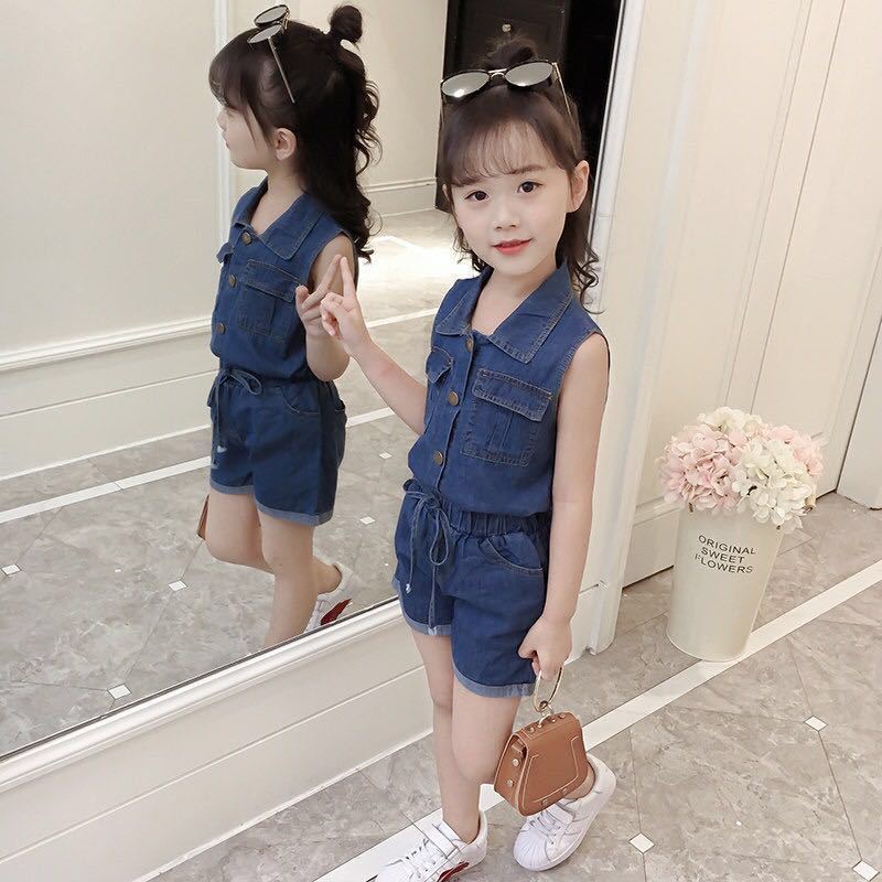 Set Áo Thun Tay Ngắn + Quần Short Denim Thiết Kế Mới 2022 Thời Trang Mùa Hè Dành Cho Bé Gái