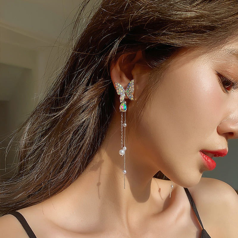 Khuyên tai GMAI dáng dài trang trí bươm bướm tua rua đính đá nhân tạo phong cách Hàn Quốc thời trang