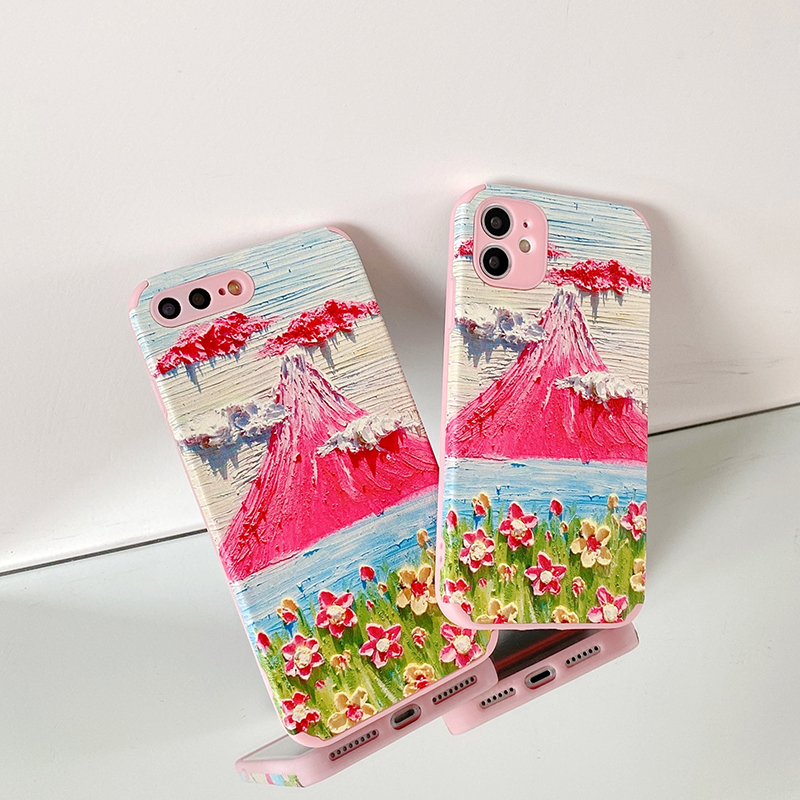 Soft Case For Xiaomi Mi 11 10 9 8 9T Pro Cute Pink Oil painting mountain Clouds Flowers