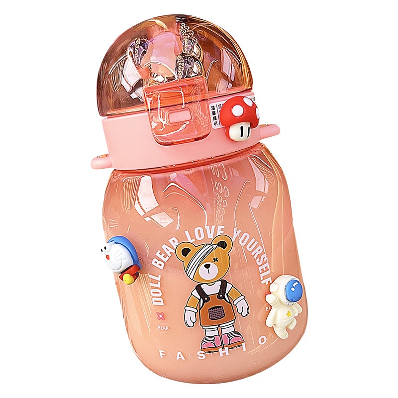 Bình Nước Nhựa 600ml Họa Tiết Gấu Hoạt Hình Dễ Thương Cho Học Sinh