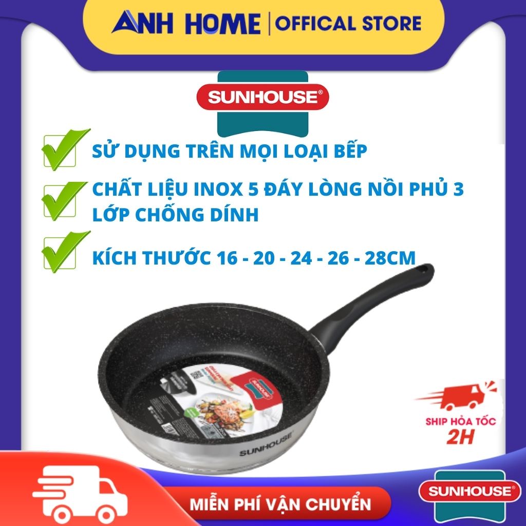 Chảo Inox 5 đáy bếp từ chống dính Sunhouse 16cm/20cm/24cm IN16M4-IN20M4-IN24M4