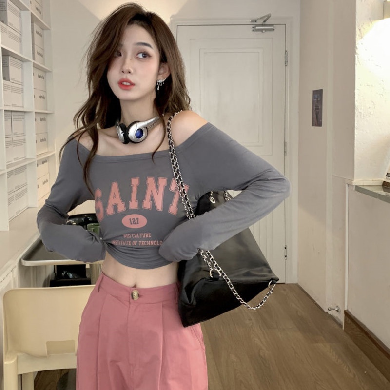 Áo Thun Tay Dài Lệch Vai Màu Trắng Phong Cách Cổ Điển Thời Trang Mùa Hè Xinh Xắn Cho Nữ