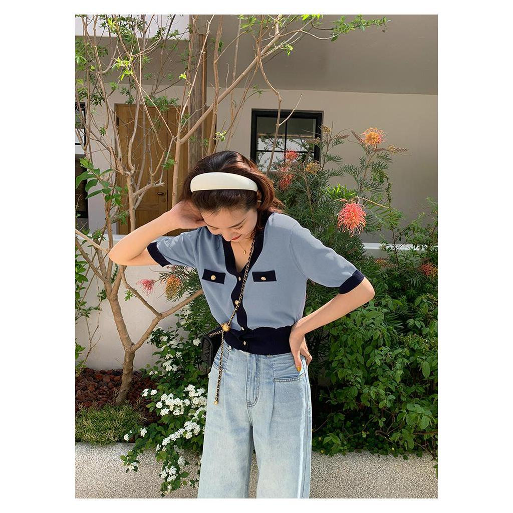 Áo dệt kim SUXI tay ngắn ôm dáng cổ V gợi cảm thanh lịch cho nữ