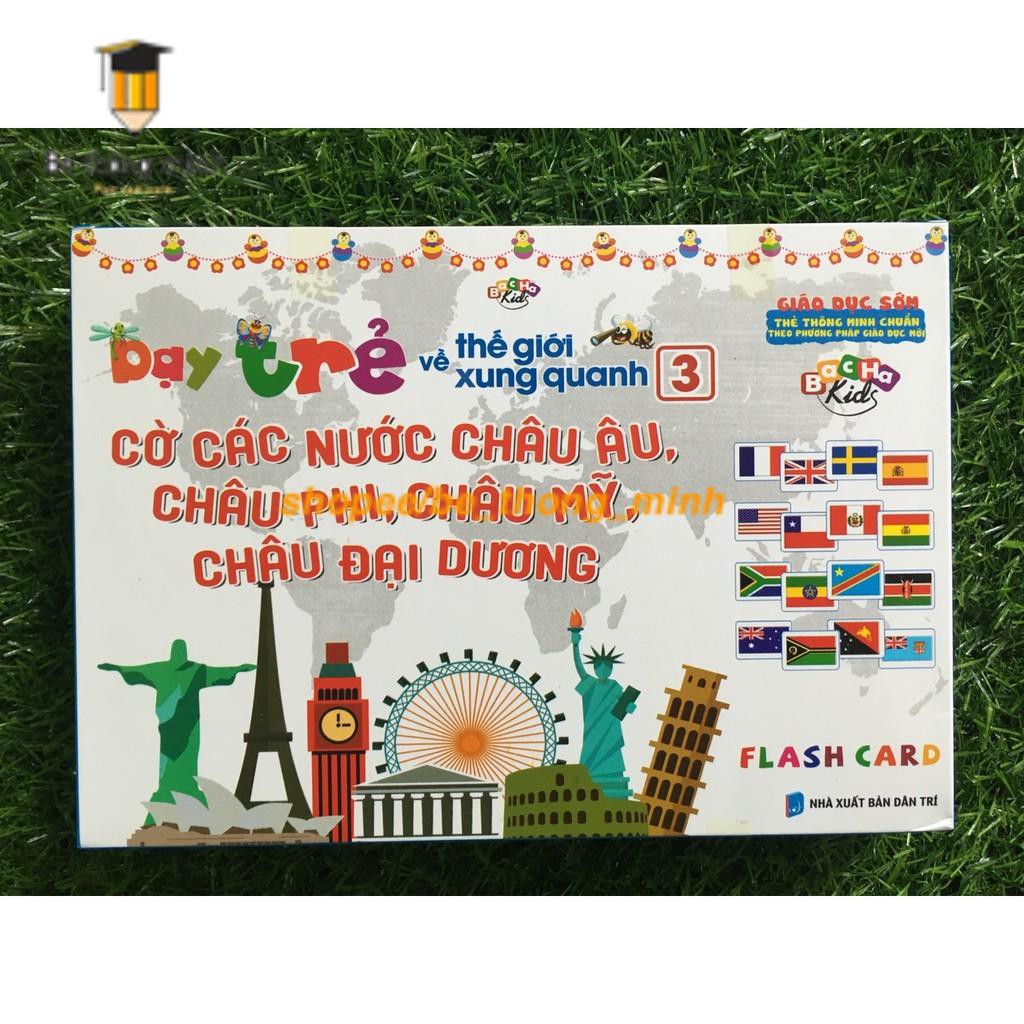 Bộ 64 Thẻ Cờ khổ to a5 các nước châu Châu Âu, Châu Mỹ, Châu Phi, Châu Đại Dương -  Flashcard glendoman cho bé