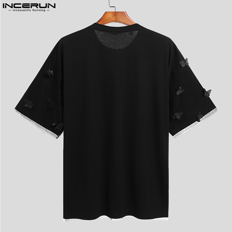 Áo thun INCERUN tay ngắn giả hai lớp màu trơn họa tiết bướm dành cho nam giới