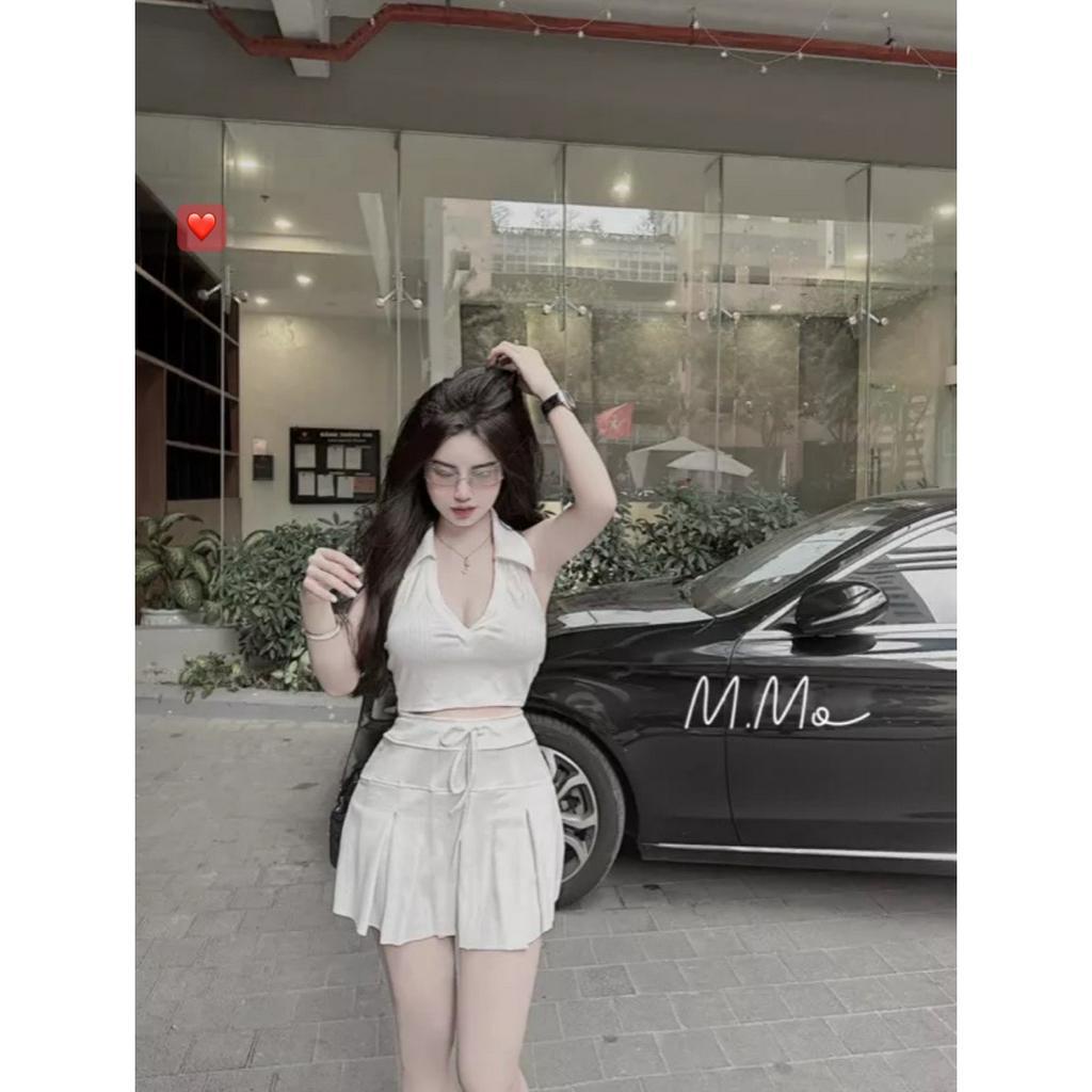 Set bộ mặc nhà đi chơi áo ba lỗ sát nách croptop kiểu cổ bẻ mix quần đùi chất thun gân xinh hot