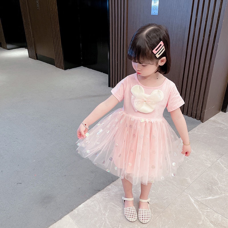 Đầm Công Chúa Tay Ngắn Phối Lưới Thiết Kế Mới Thời Trang Mùa Hè Theo Phong Cách Hàn Quốc Cho Bé Gái