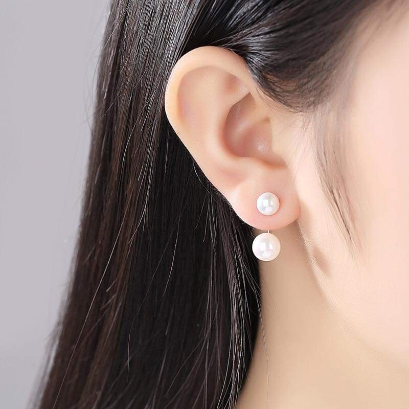 Khuyên tai bạc Khuyên Ngọc trai nhân tạo 2 quả trên dưới Van jewelry V10174