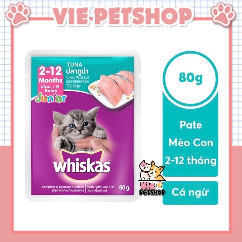 [GIÁ TỐT] 1 Thùng Pate Whiskas Kitten Junior cho Mèo Con vị Cá Ngừ Gói 80g | Vie PETSHOP