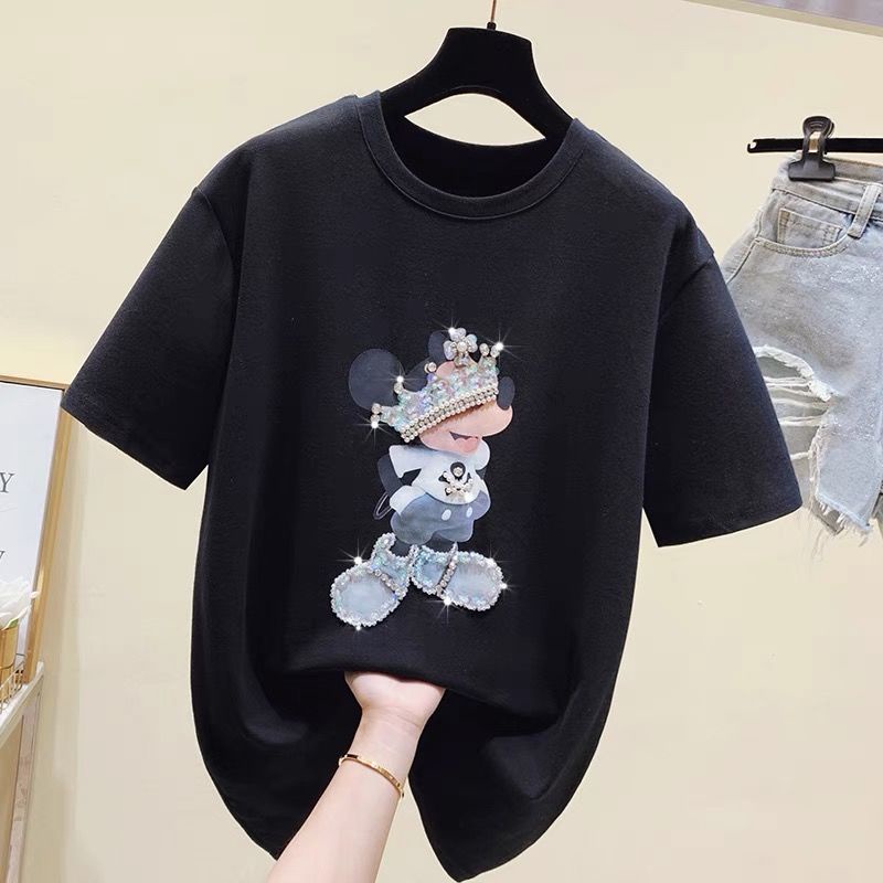 Áo thun cotton dáng rộng họa tiết chuột Mickey dễ thương cho nữ