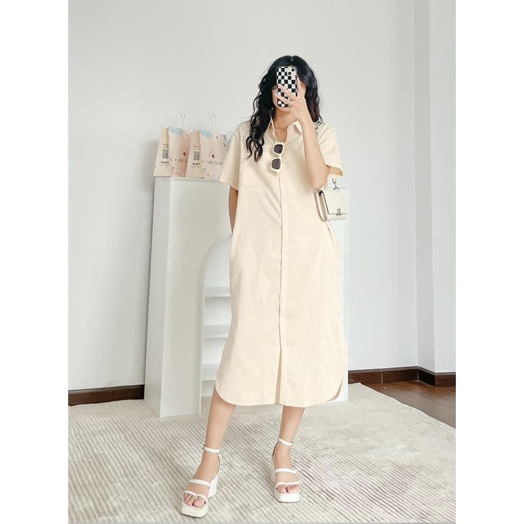 Đầm Sơ Mi Dáng Suông Dài Xẻ Tà Style Hàn Quốc Lên Dáng Siêu Xinh Dễ thương dạo phố