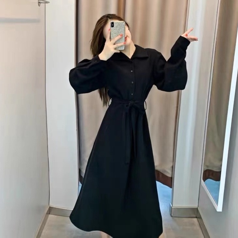 Đầm sơ mi Perty màu đen dáng ôm phong cách Hàn Quốc thời trang mùa thu cho nữ