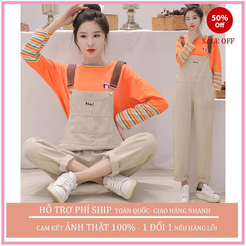 YẾM QUẦN KAKI NỮ PHỐI QUAI DA IN CHỮ AHAL THỜI TRANG HÀN QUỐC TRẺ TRUNG NĂNG ĐỘNG.
