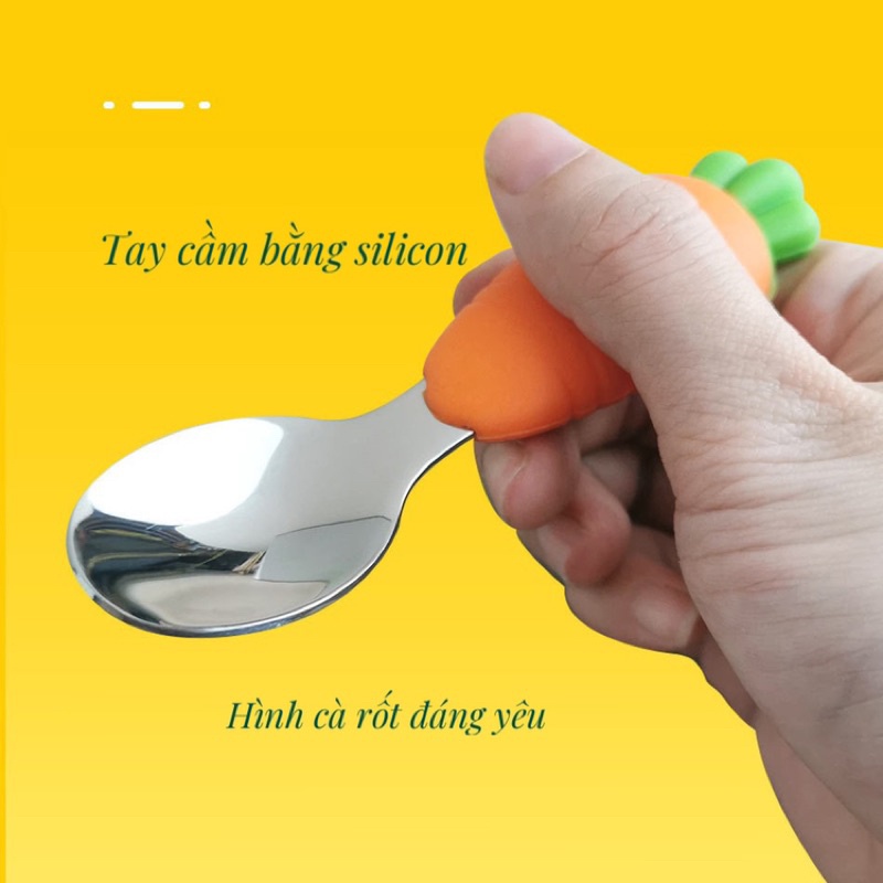 Set thìa dĩa tập xúc cho bé chất liệu inox 304 hình cà rốt xinh xắn kèm hộp đựng