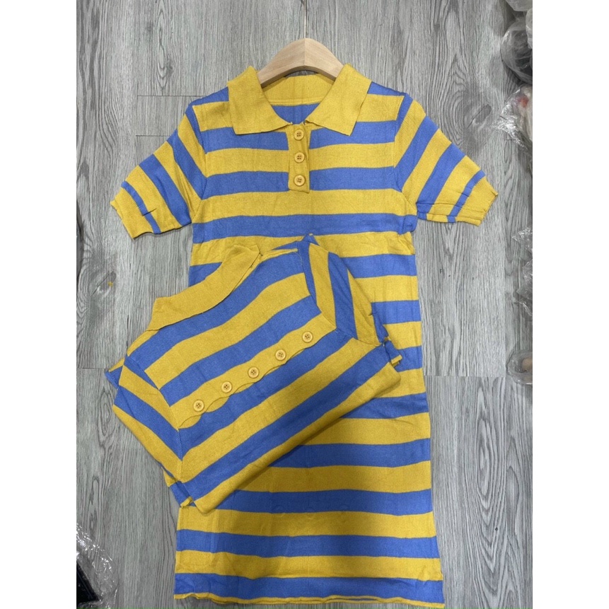 VÁY LEN CỔ POLO PHỐI KẺ SỌC DÁNG NGẮN, DẦM SUÔNG CHẤT LEN MONGTOGHI CHUẨN HÀNG QUẢNG CHÂU