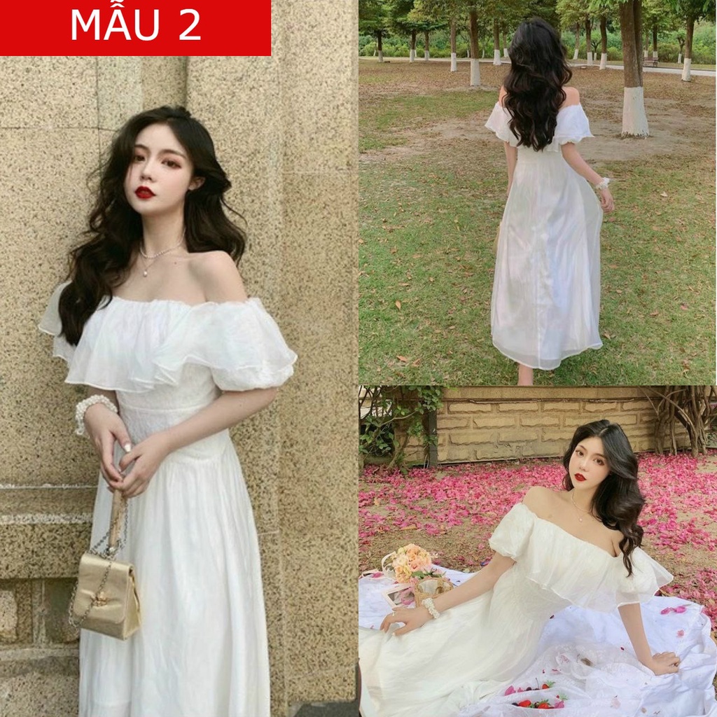 Đầm 2 Dây Thắt Nơ Vai Màu Trắng Bánh Bèo, Maxi Đi Biển Dạo Phố Sang Chảnh Form Chuẩn, ĐẦM TRẮNG 2 DÂY ĐUÔI CÁ