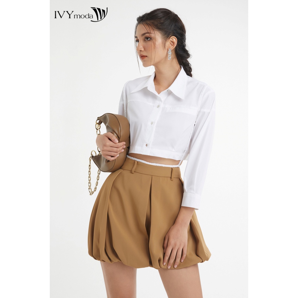 Áo sơ mi nữ croptop phối dây đai IVY moda MS 16B9397