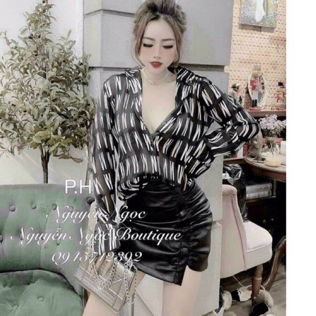 Áo sơmi voan hoạ tiết V 🪴🪴🪴gb