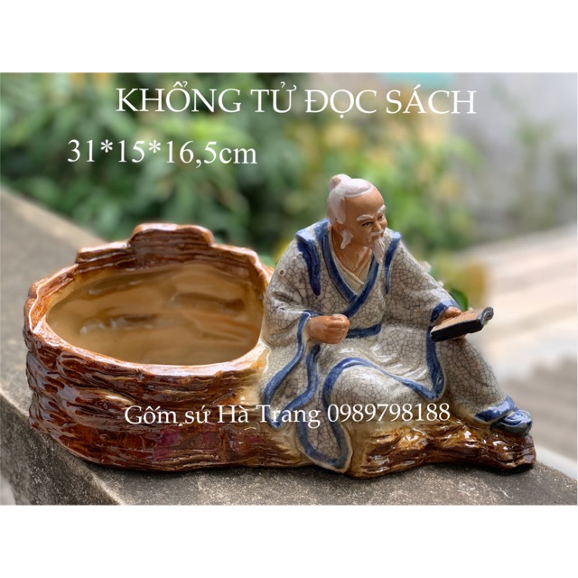 Tượng trồng cây bonsai Khổng Tử đọc sách gốm sứ Bát Tràng cao cấp