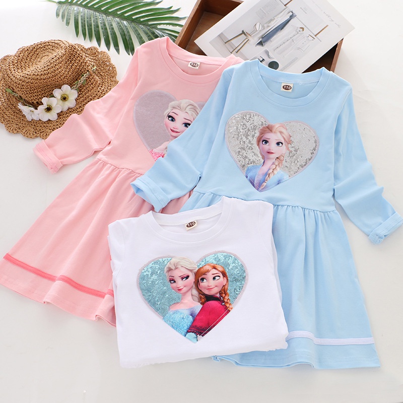 DISNEY Đầm công chúa Elsa tay dài đính kim sa thời trang cho bé gái 3-10 tuổi