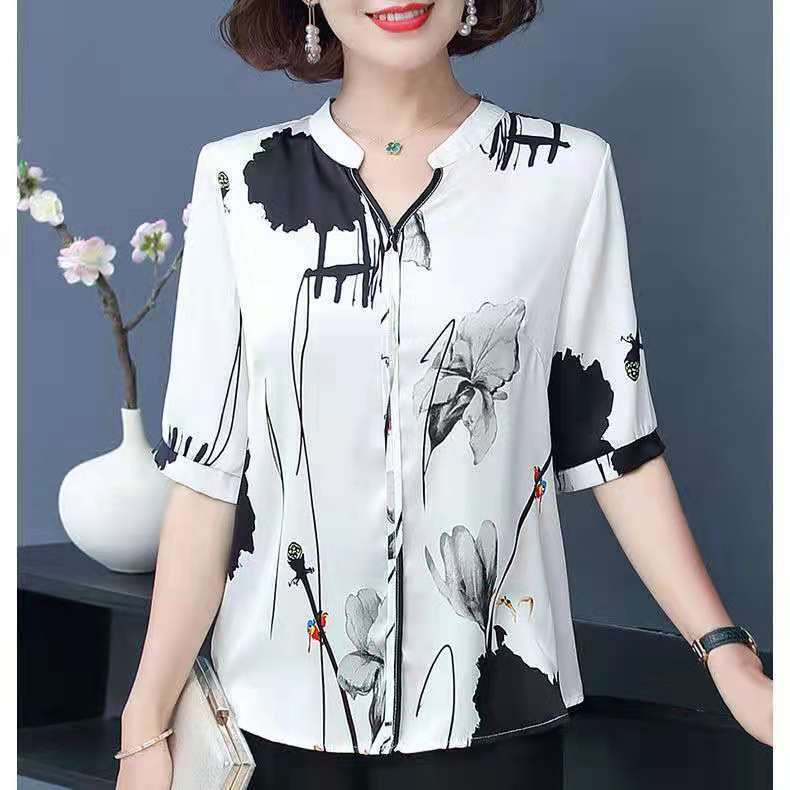 Áo sơ mi Chiffon mùa hè phong cách ngoại quốc mới cho phụ nữ trung niên và lớn tuổi