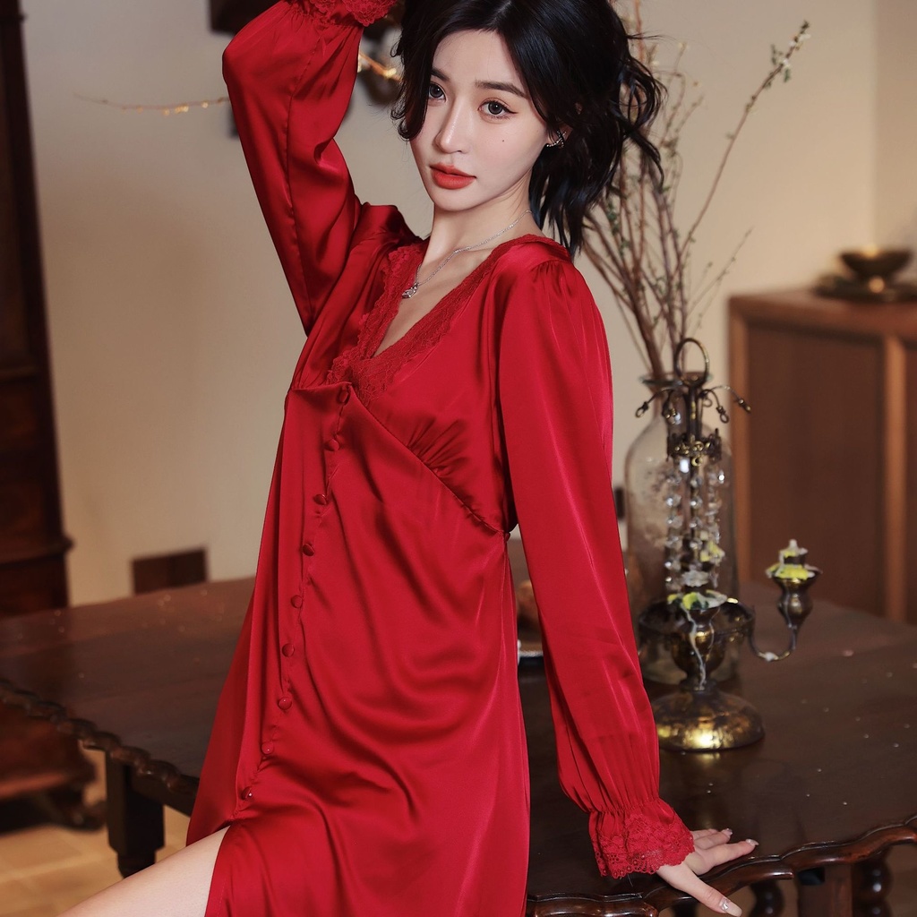 Đầm Ngủ Dáng Dài Vải Lụa Mát Phối Ren Thời Trang Xuân Hè Quyến Rũ Cho Nữ