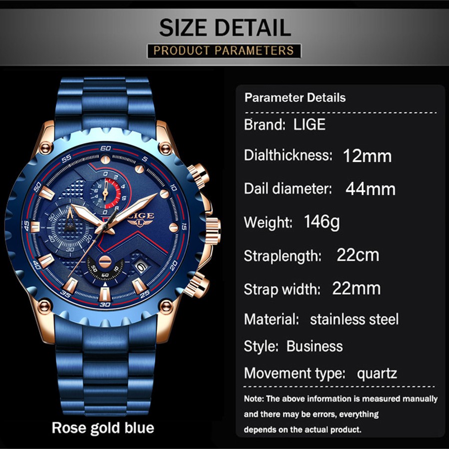 LIGE Đồng Hồ Quartz Chống Thấm Nước Chất Liệu Thép Không Gỉ Màu Xanh Sang Trọng