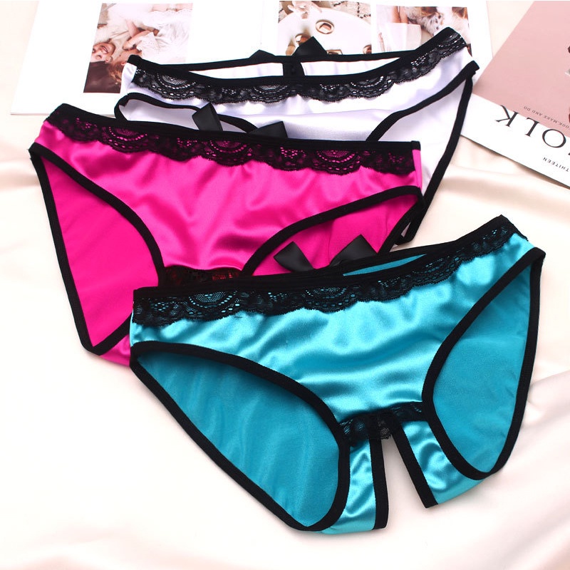Quần Lót Lọt Khe Vải Lụa Satin Lưng Thấp Đính Nơ Không Đường May