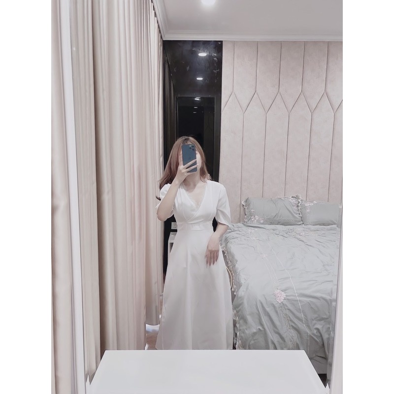 BÁN SỈ VÁY TRẮNG CỔ V PHỐI REN CHO NỮ