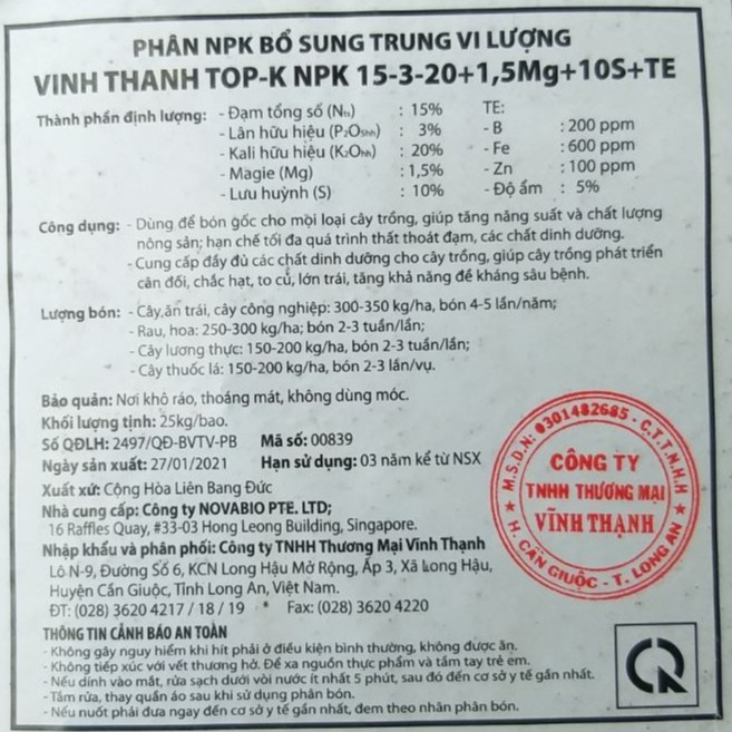 Phân Bón NPK 15-3-20+TE Nhập Khẩu CHLB Đức (1kg), chuyên cho hoa hồng, cây ăn trái, hoa kiểng