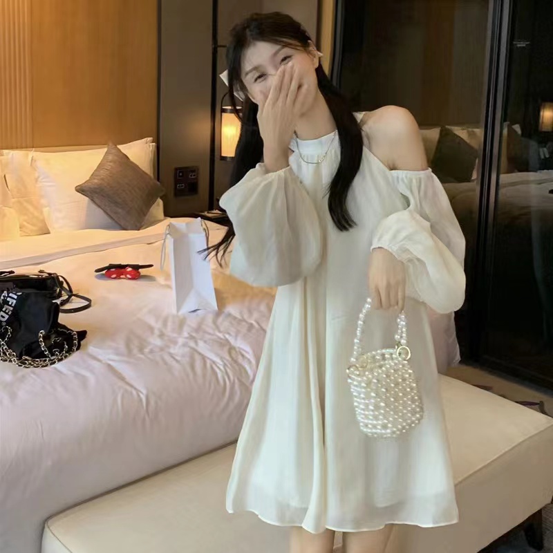 Đầm Tay Dài Hở Vai Màu Sắc Đơn Giản Cho Nữ