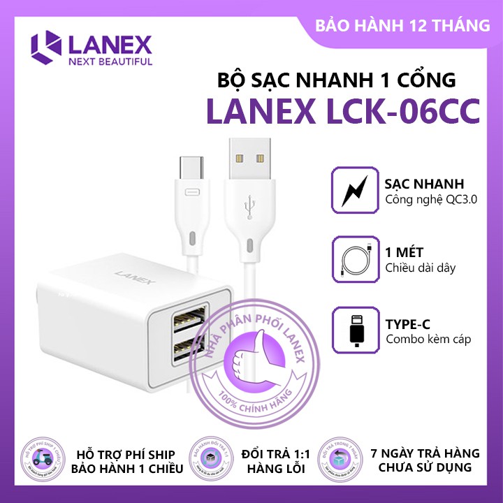 Bộ sạc nhanh LANEX LCK-06CL Lightning/ LCK-06CC Type-C Chuẩn QI 18W hàng chính hãng bảo hành 12 tháng 1 đổi 1