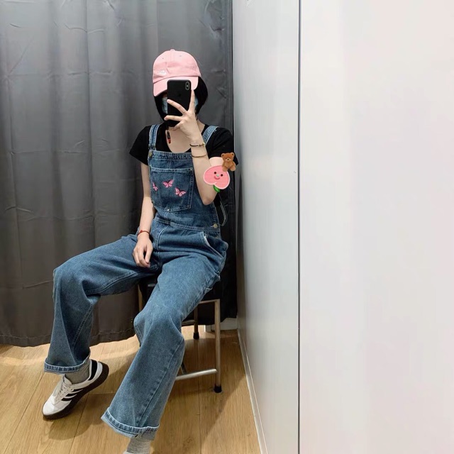 [KÈM ẢNH THẬT + SẴN] yếm quần bò jeans xanh dài dáng suông rộng túi ngực thêu hình xinh xắn ulzzang hàn quốc | BigBuy360 - bigbuy360.vn