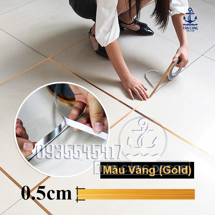 Chỉ Dán Viền Gạch Trang Trí Bản 0.5 Cm Màu Bạc / Màu Vàng Bóng