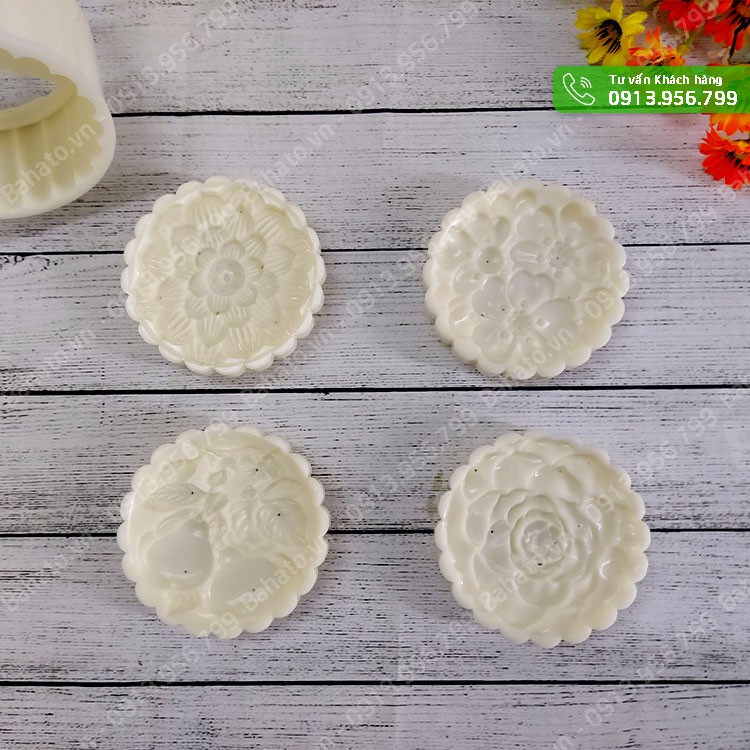 Khuôn bánh trung thu 150g 4 mặt tròn 2 trái lê, 3 mẫu hoa nổi tổng hợp