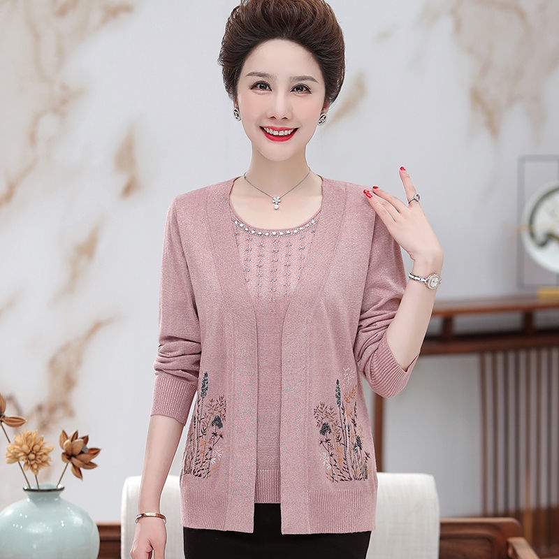 Phụ nữ trung niên và người cao tuổi áo khoác mỏng mùa xuân và mùa thu đám cưới mới của mẹ mặc hai mảnh dệt kim