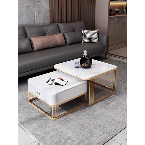 Bàn trà sofa vuông đôi H2 Furniture mặt đá vân có ngăn kéo tiện lợi hiện đại đơn giản phù hợp cho phòng khách chung cư