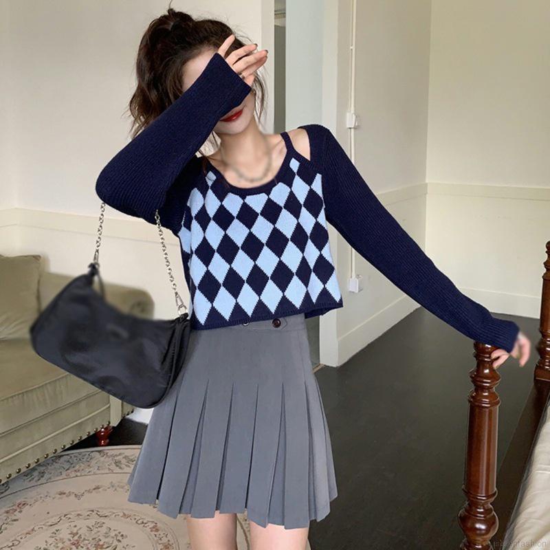Áo sweater dệt kim tay dài phối màu thời trang cho nữ