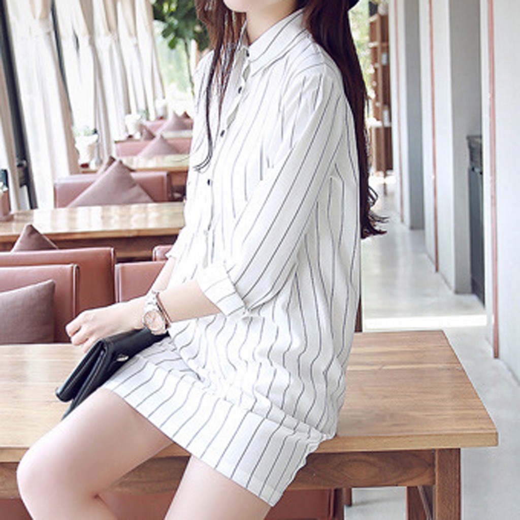 Đầm sơ mi dài tay họa tiết kẻ sọc thanh lịch dành cho nữ size S-XXL | BigBuy360 - bigbuy360.vn