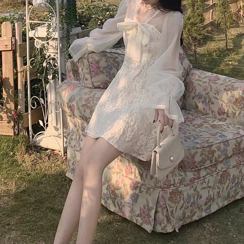 Váy ulzzang ren lưới kiểu tiểu thư tay loe/Đầm xoè công chúa dự tiệc bánh bèo điệu vintage đi tiệc