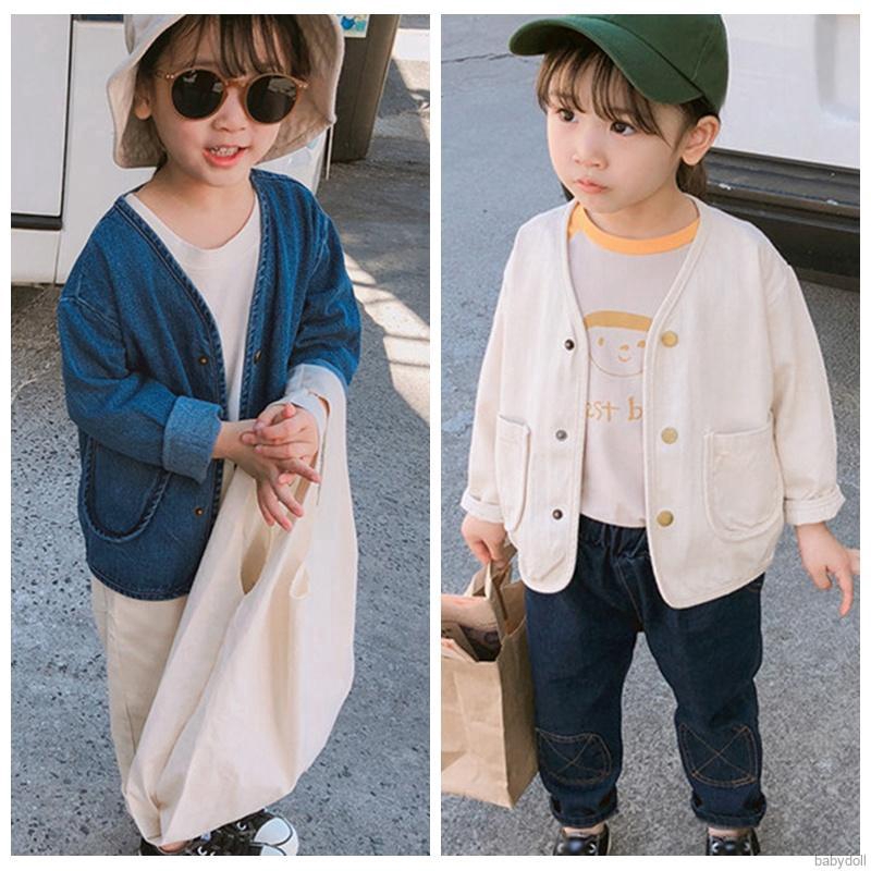 1-6Y Baby Boys Girls Jacket &amp; Coat Denim V-neck Fashion Loose Simple Wild With Pockets