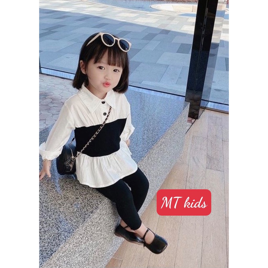 mẫu áo sơ mi bé gái phối eo đen