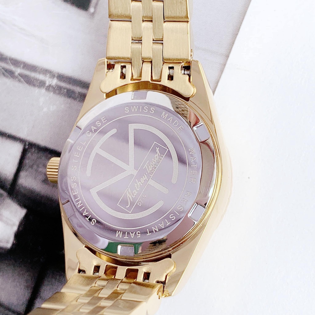 Đồng hồ nữ Mathey Tissot mặt trắng, dây vàng D710PI