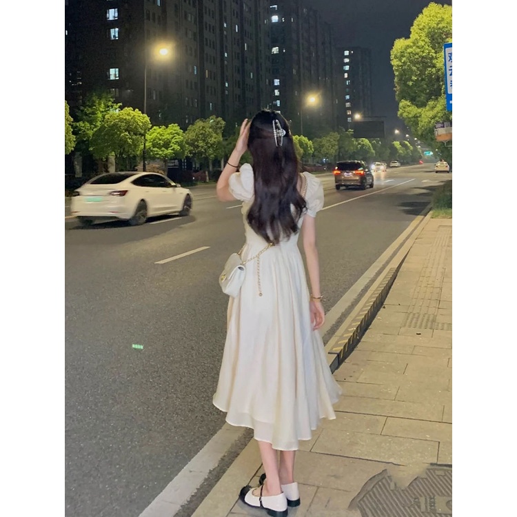 Đầm Cổ Vuông Tay Phồng Họa Tiết Kẻ Sọc Thiết Kế Eo Cao Thời Trang Mùa Hè Mới Cho Nữ