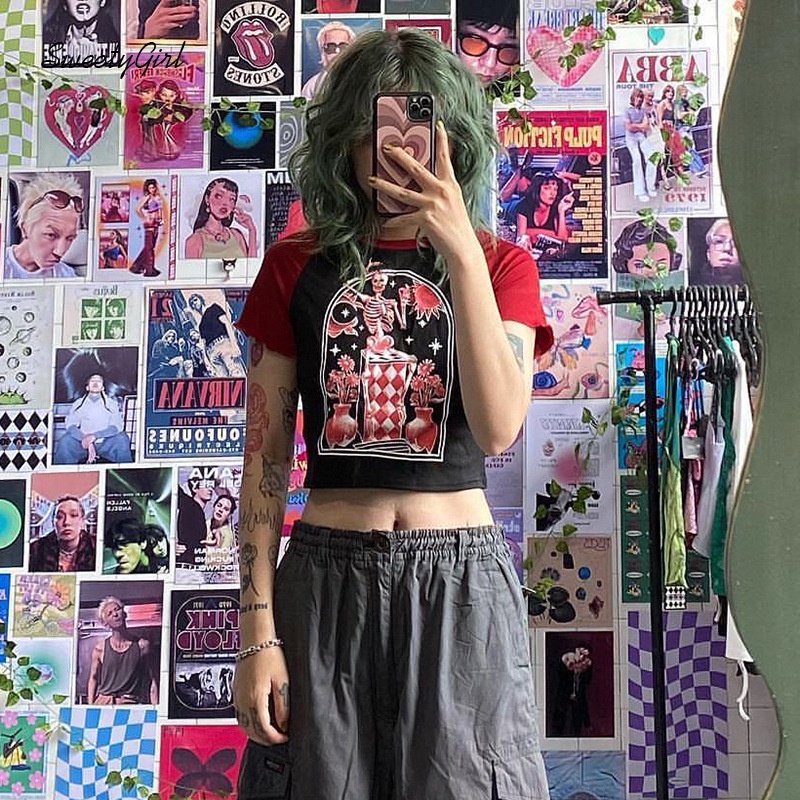 Áo Thun Dáng Ôm Tay Ngắn In Hình Đầu Lâu 2022 Thời Trang Cho Nữ