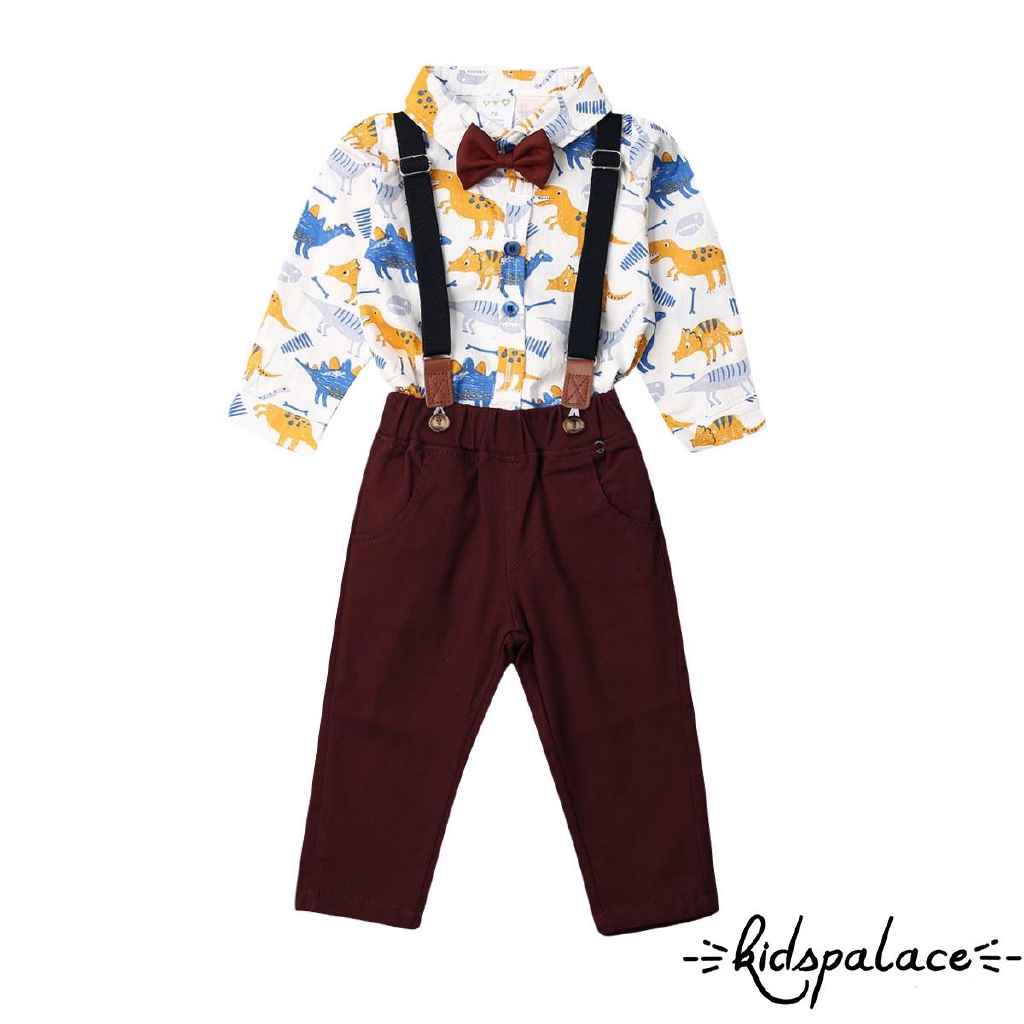 ➤♕❀❤Baby Boy Cartoon Dinosaur Print Bowtie Romper and Strap Trousers Set Infant Long Sleeve Jumpsuit Bib Pants Two