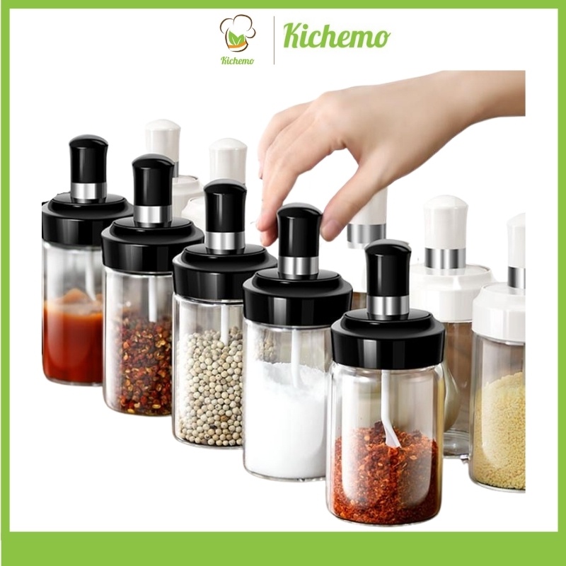 Lọ đựng gia vị thủy tinh Hũ đựng gia vị kèm muỗng cao cấp thông minh