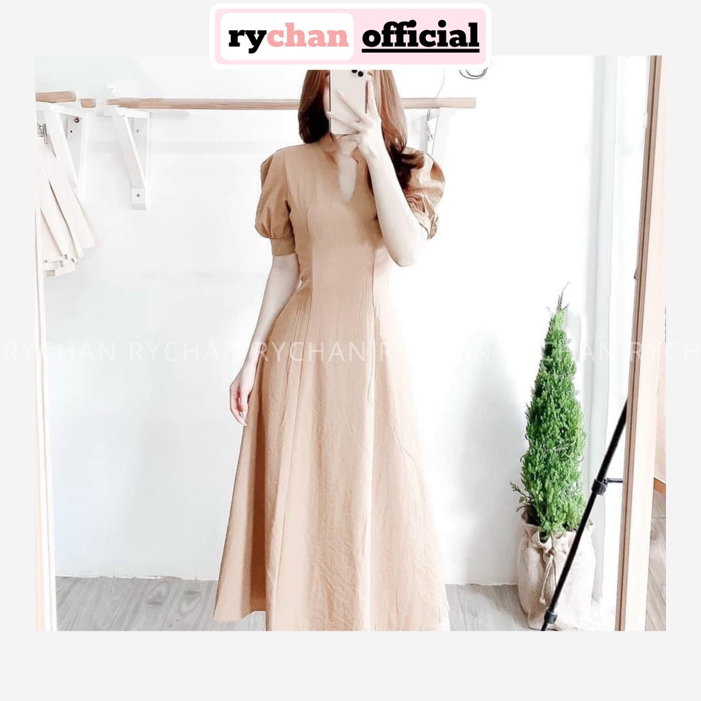 Đầm Xòe Midi Cổ Tàu Tay Phồng Chiết Eo 2 Màu [Ảnh Thật Cuối] - DX0019