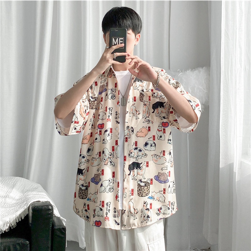 Slim Short Sleeve T-shirt Printed with Japanese Cartoon Cats and Dogs Slim Design Summer Fashion Men's 2022