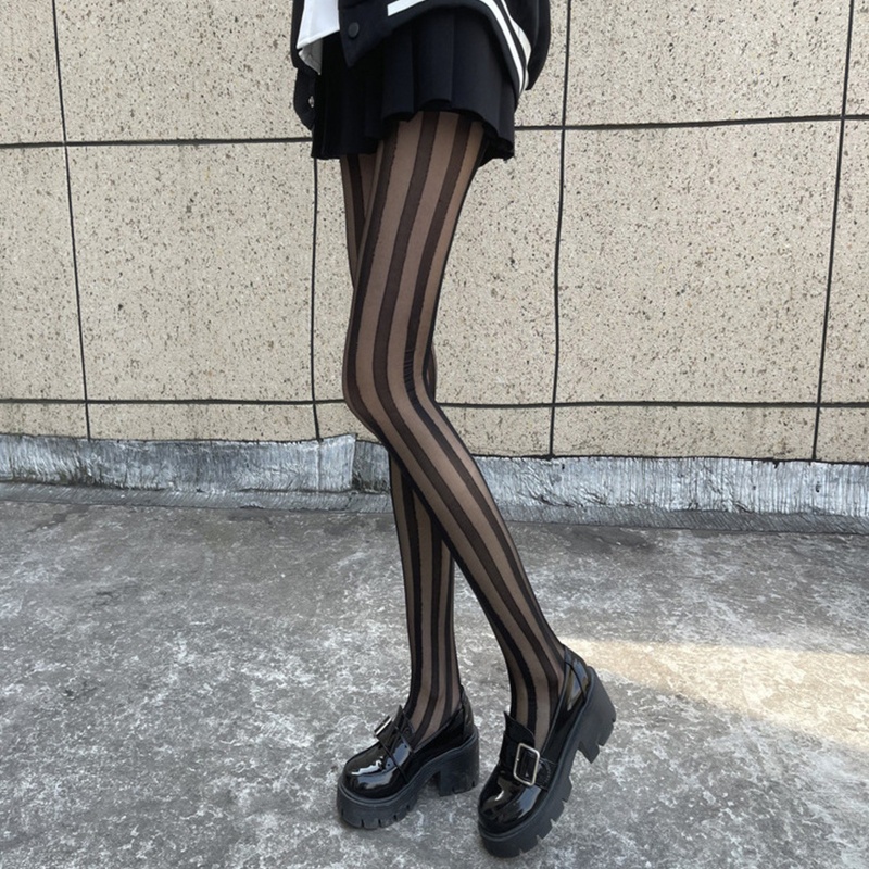 Youyo Quần Tất Lụa Xuyên Thấu Kẻ Sọc Dọc Co Giãn Màu Đen Gợi Cảm Phong Cách Harajuku Cho Nữ